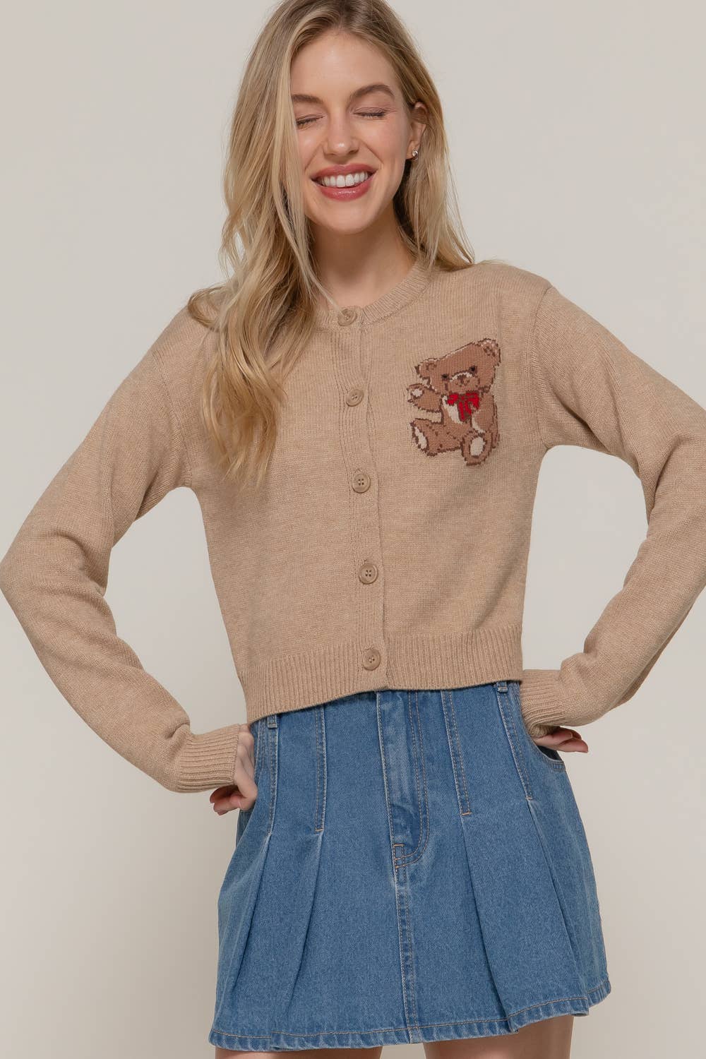 Women's Teddy Bear Embroidered Round Neck Cardigan