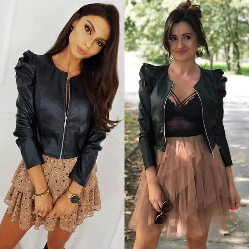 Women's Cropped Faux Leather Biker Jacket