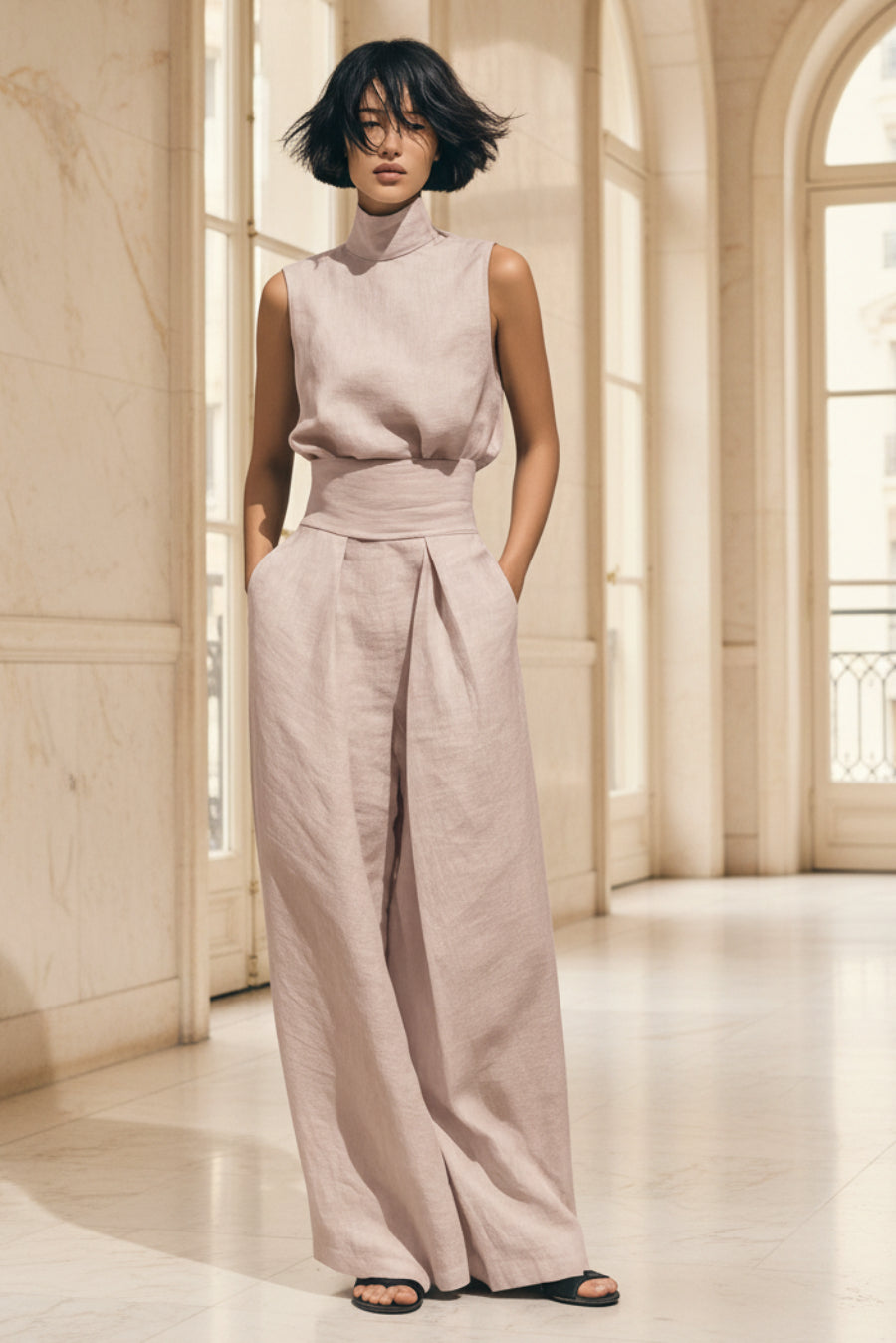 Women's Linen-Blend Top & Wide-Leg Pants Set