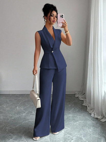 Women's Peplum Blazer & Wide-Leg Pants Set