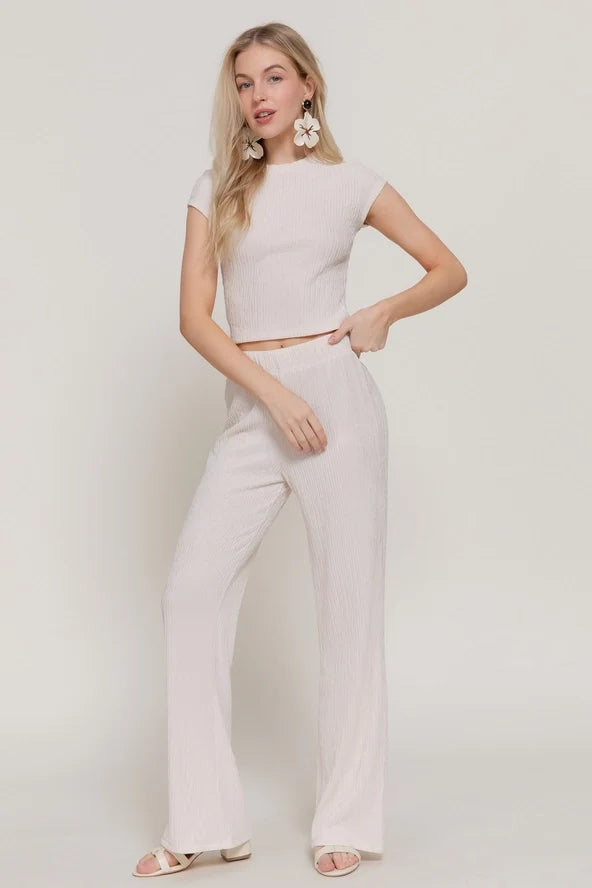 Women's Crew Neck Top & High-Waist Flare Pants Crinkle Set