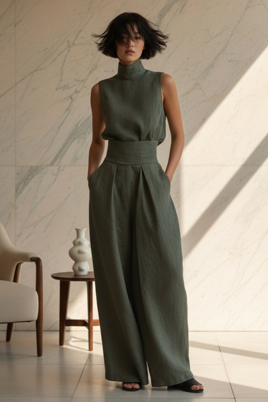 Women's Linen-Blend Top & Wide-Leg Pants Set
