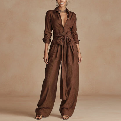 Relaxed Shirt & Wide-Leg Pants Set with Tie Belt