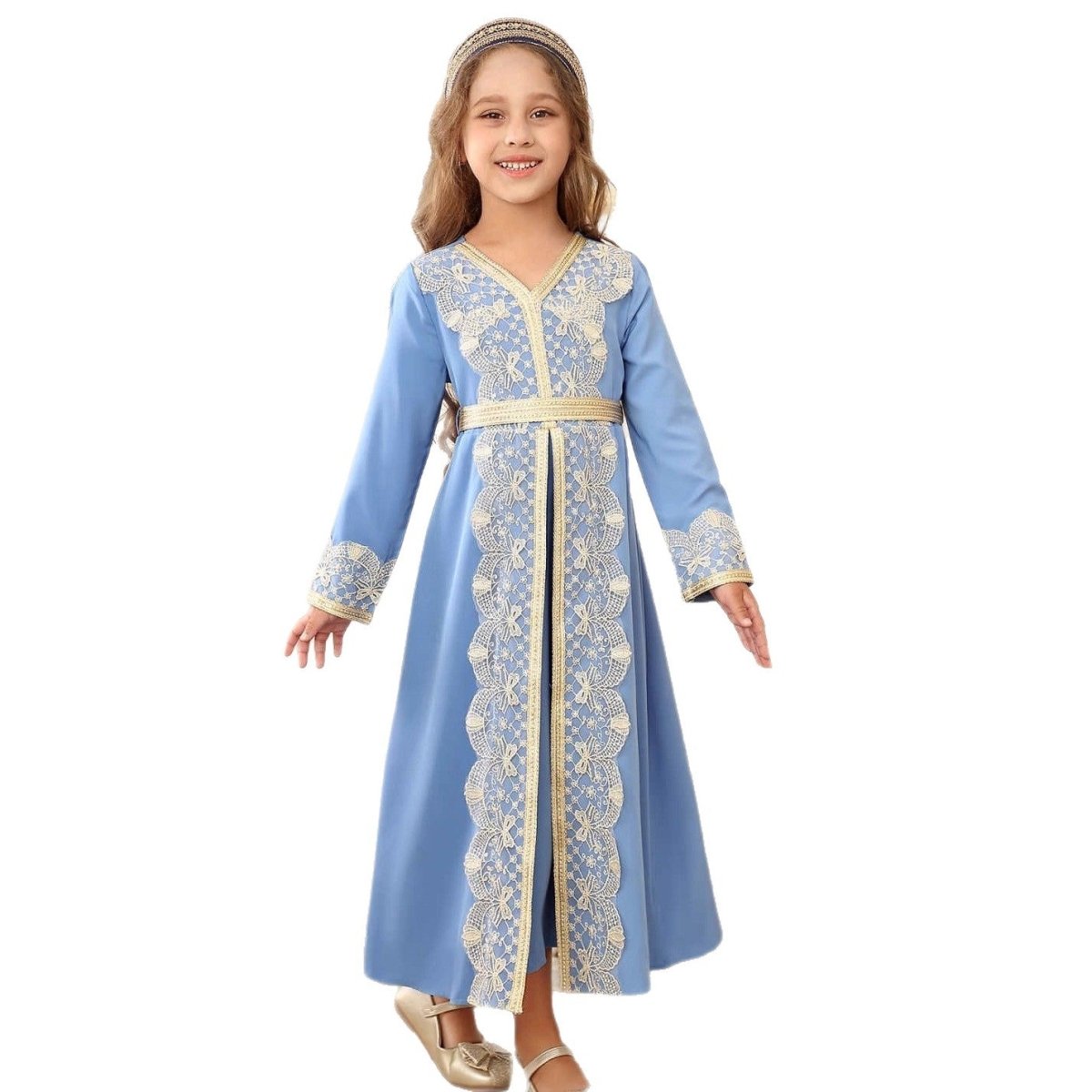 Girls' Lace Trim Kaftan Dress – Elegant Modest Maxi
