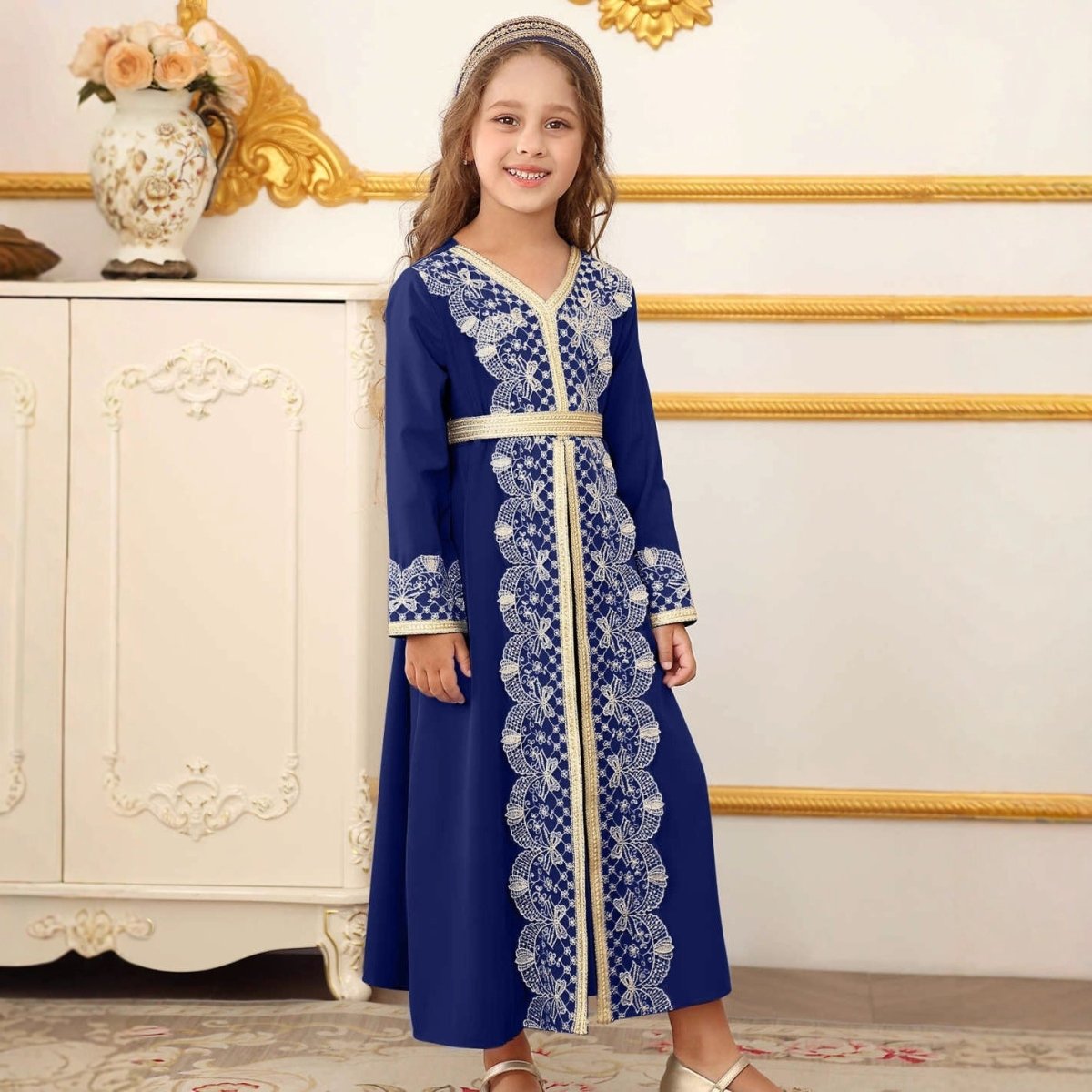 Girls' Lace Trim Kaftan Dress – Elegant Modest Maxi