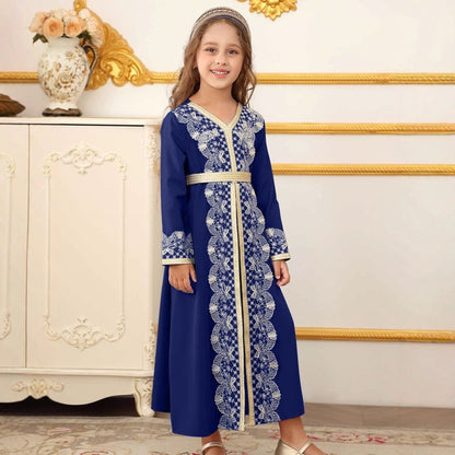 Girls' Lace Trim Kaftan Dress – Elegant Modest Maxi
