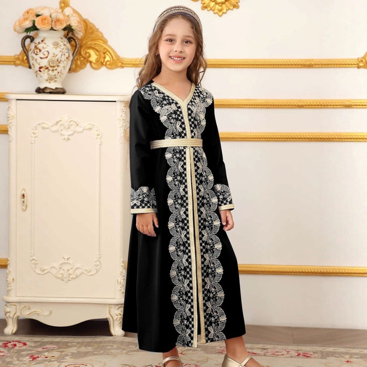 Girls' Lace Trim Kaftan Dress – Elegant Modest Maxi
