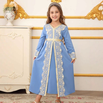 Girls' Lace Trim Kaftan Dress – Elegant Modest Maxi