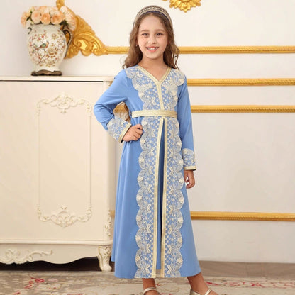 Girls' Lace Trim Kaftan Dress – Elegant Modest Maxi