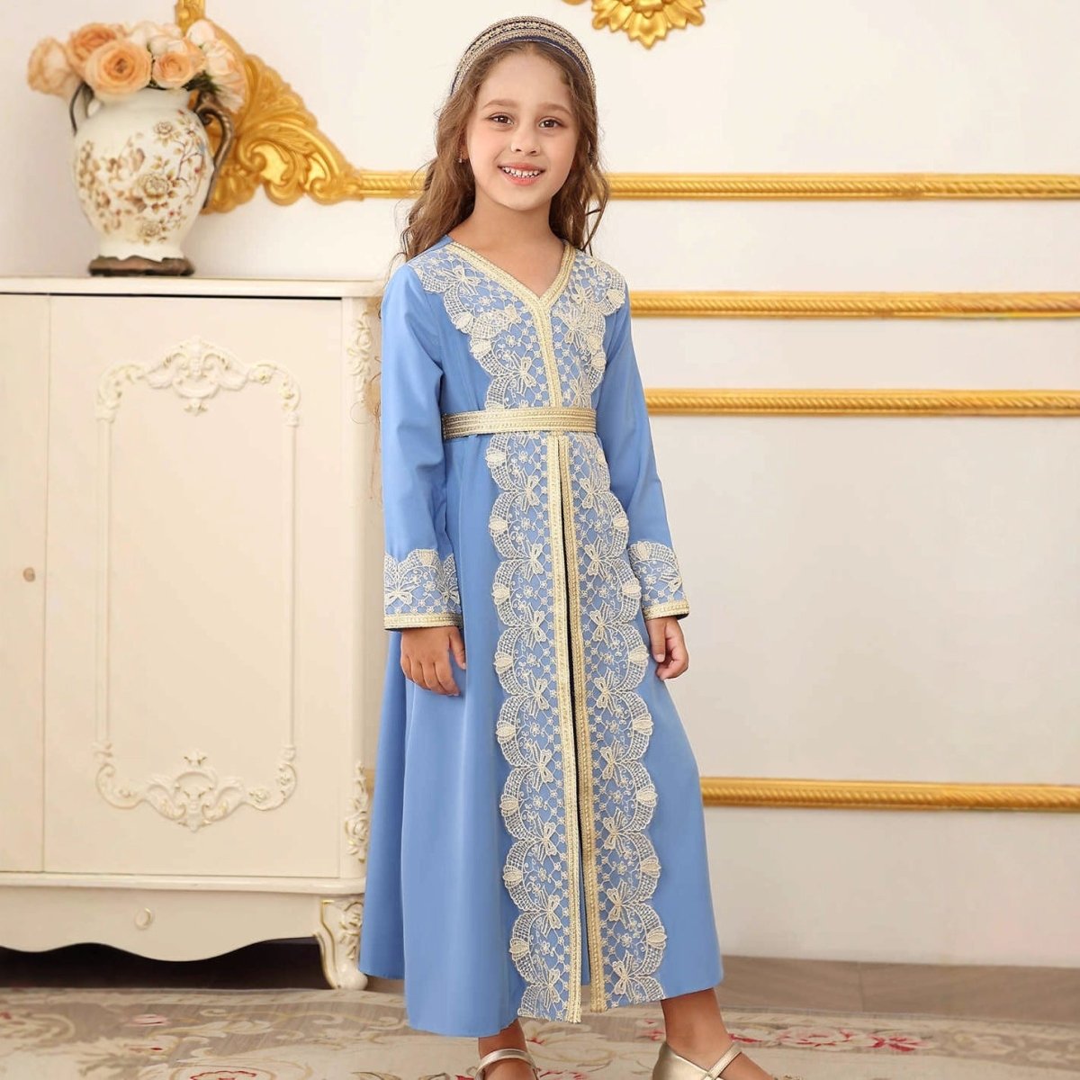 Girls' Lace Trim Kaftan Dress – Elegant Modest Maxi