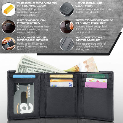 Men's RFID Leather Trifold Wallet, 7 Card Slots with ID Window