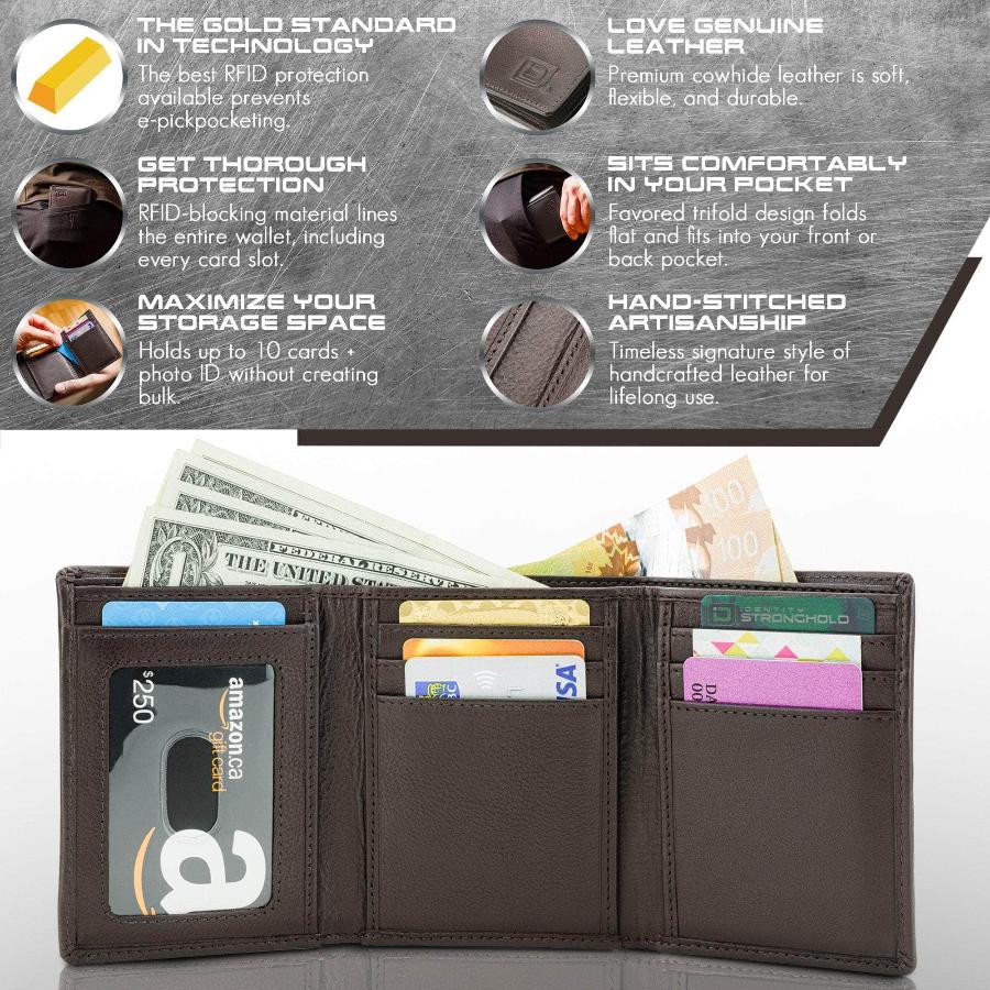 Men's RFID Leather Trifold Wallet, 7 Card Slots with ID Window