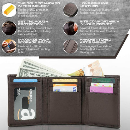 Men's RFID Leather Trifold Wallet, 7 Card Slots with ID Window