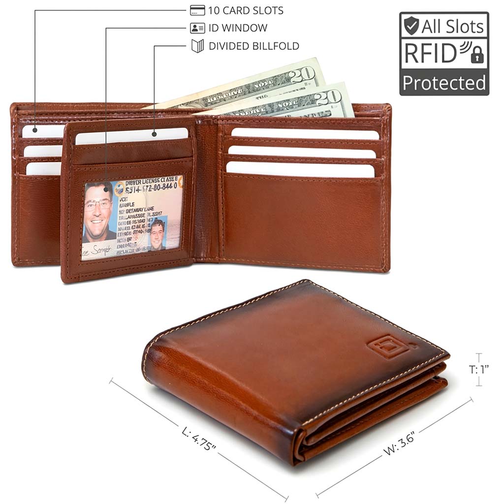 Men's RFID Leather Bifold Wallet, 10 Card Slots with ID Window