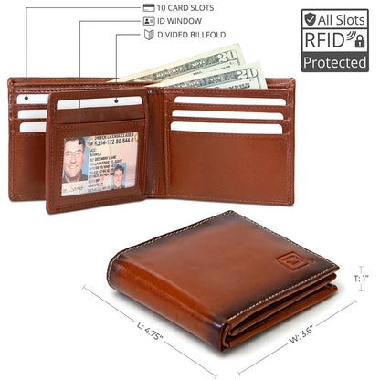 Men's RFID Leather Bifold Wallet, 10 Card Slots with ID Window