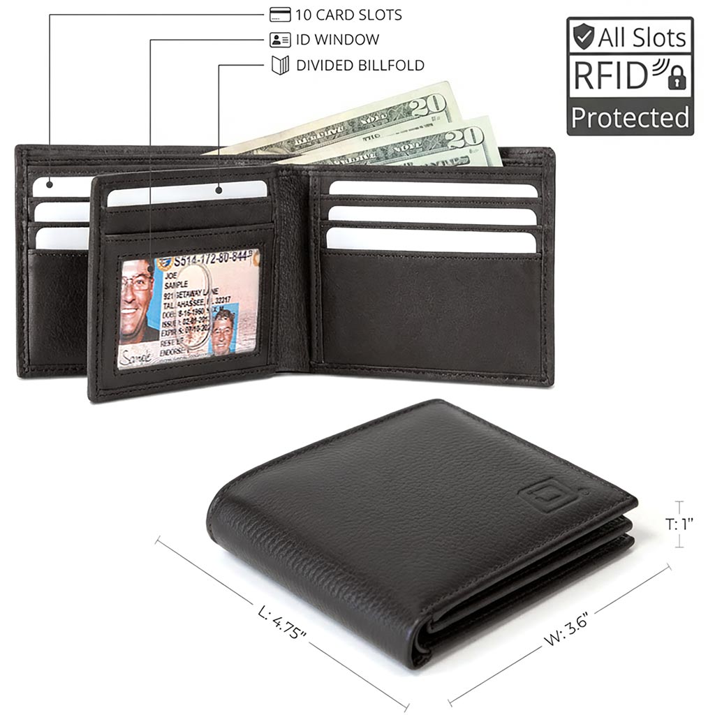 Men's RFID Leather Bifold Wallet, 10 Card Slots with ID Window