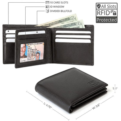Men's RFID Leather Bifold Wallet, 10 Card Slots with ID Window