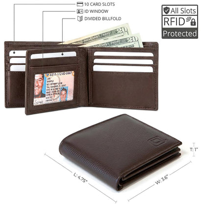 Men's RFID Leather Bifold Wallet, 10 Card Slots with ID Window
