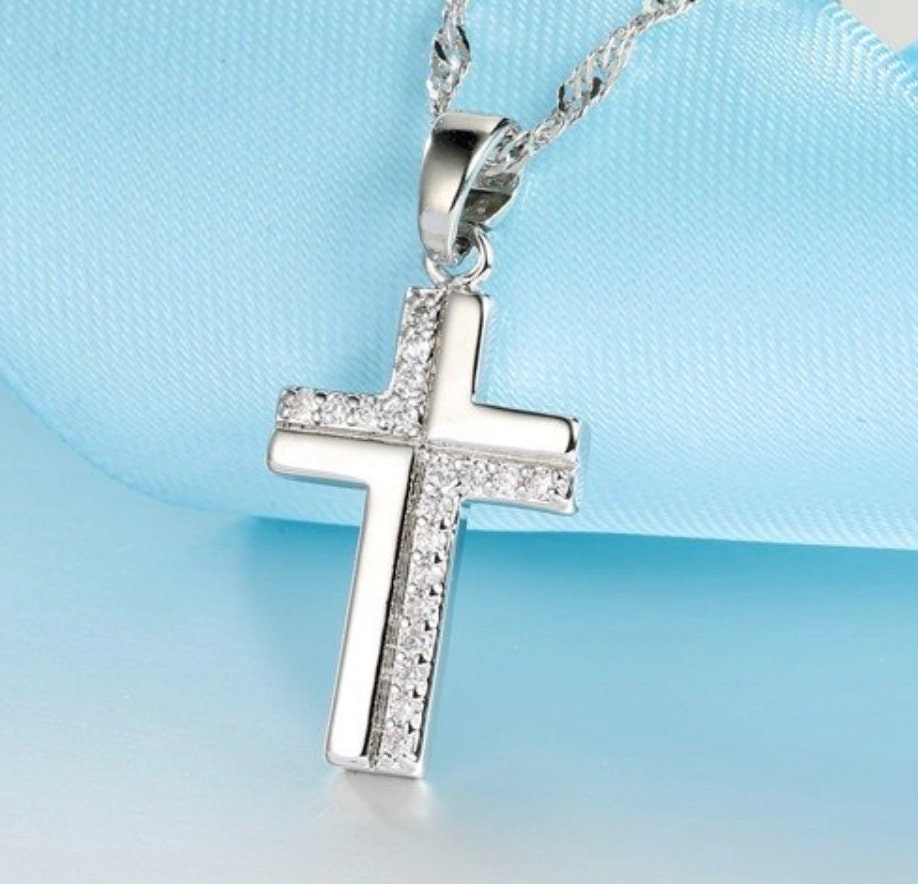 Sterling Silver Cross Earrings & Necklace Set with Zircons
