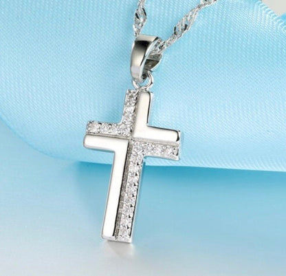 Sterling Silver Cross Earrings & Necklace Set with Zircons