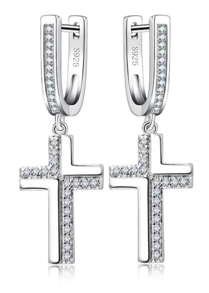 Sterling Silver Cross Earrings & Necklace Set with Zircons