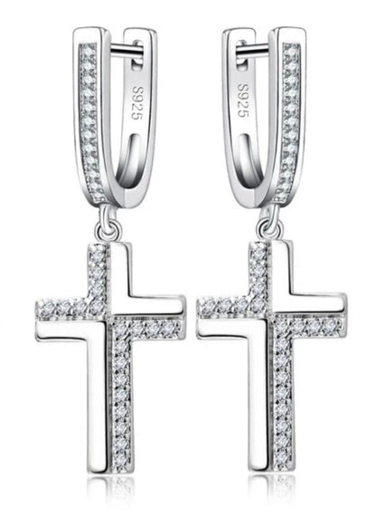 Sterling Silver Cross Earrings & Necklace Set with Zircons