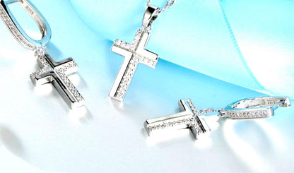Sterling Silver Cross Earrings & Necklace Set with Zircons