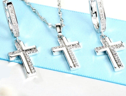 Sterling Silver Cross Earrings & Necklace Set with Zircons