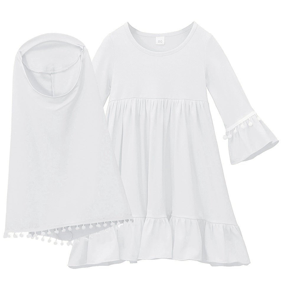 Girls' Modest Dress & Hijab Set with Pom-Pom Trim