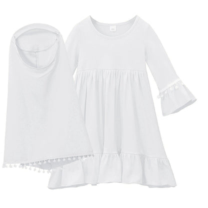 Girls' Modest Dress & Hijab Set with Pom-Pom Trim