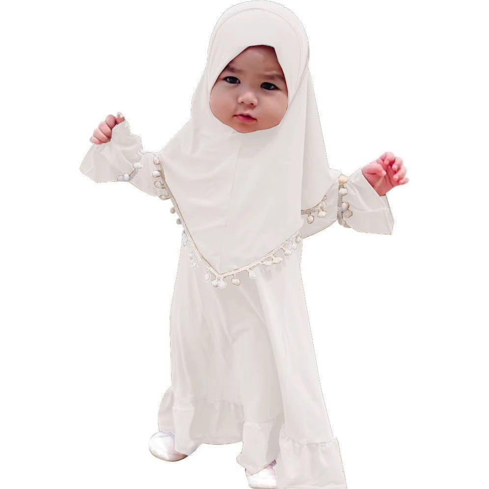 Girls' Modest Dress & Hijab Set with Pom-Pom Trim