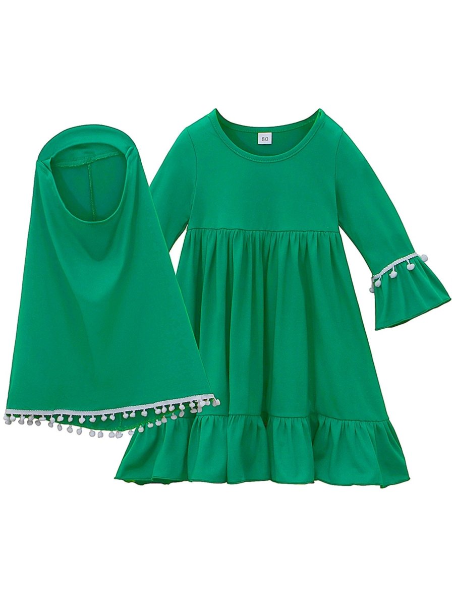 Girls' Modest Dress & Hijab Set with Pom-Pom Trim