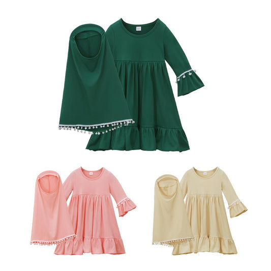 Girls' Modest Dress & Hijab Set with Pom-Pom Trim