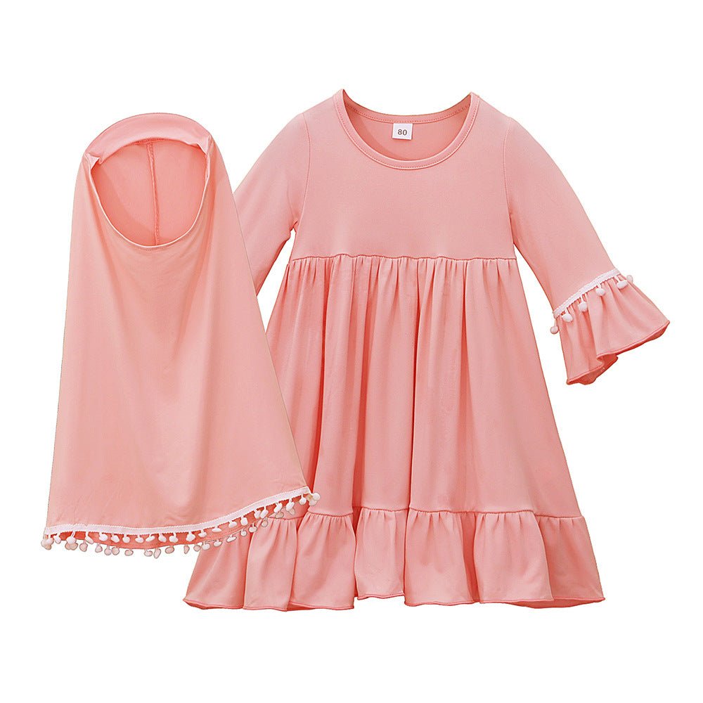 Girls' Modest Dress & Hijab Set with Pom-Pom Trim