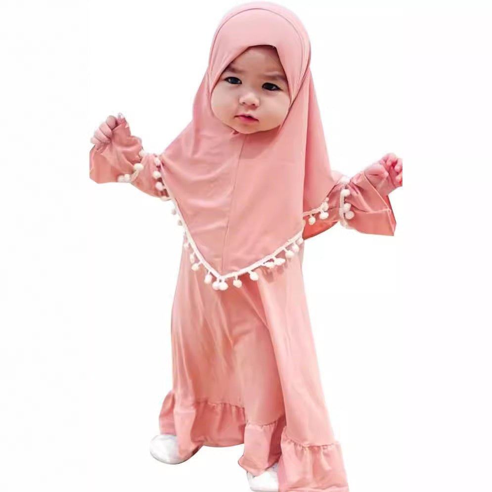 Girls' Modest Dress & Hijab Set with Pom-Pom Trim
