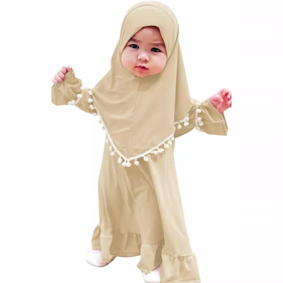 Girls' Modest Dress & Hijab Set with Pom-Pom Trim