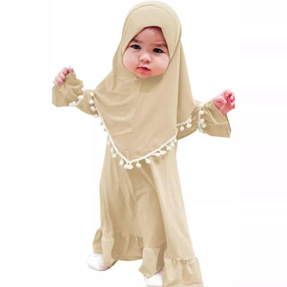Girls' Modest Dress & Hijab Set with Pom-Pom Trim