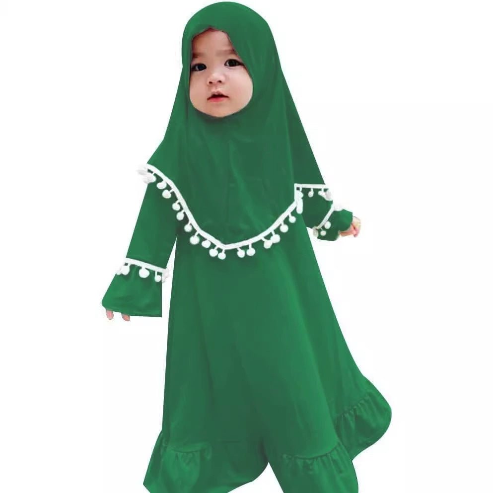 Girls' Modest Dress & Hijab Set with Pom-Pom Trim