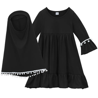 Girls' Modest Dress & Hijab Set with Pom-Pom Trim