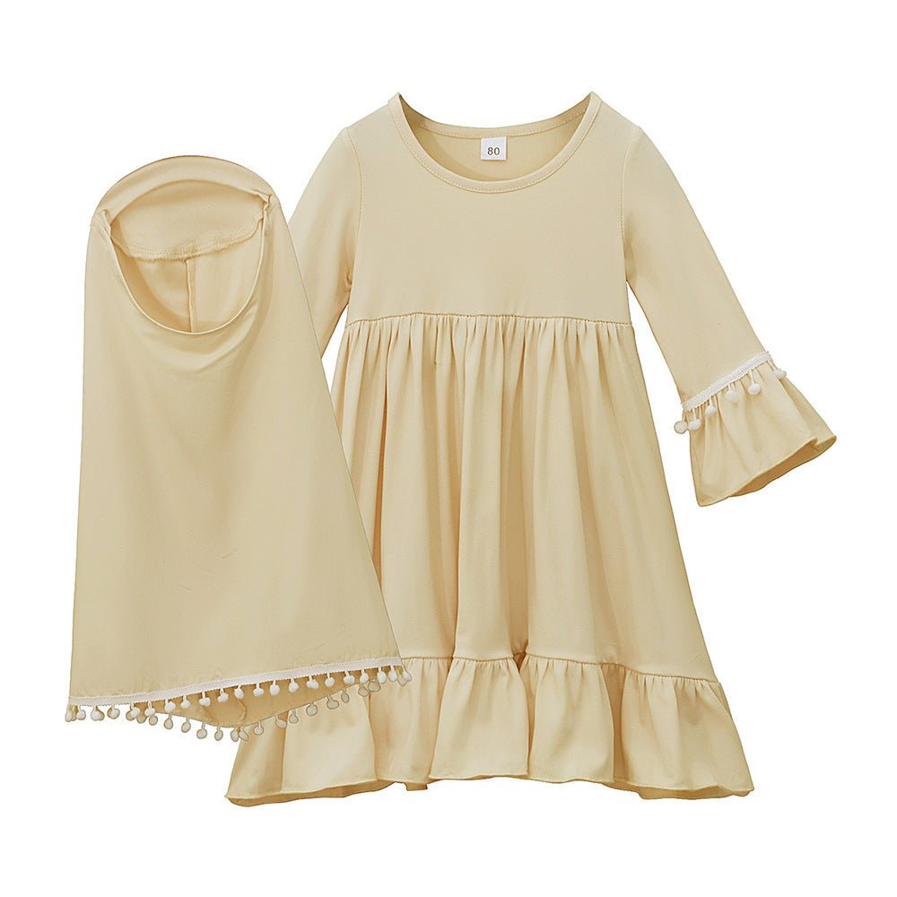 Girls' Modest Dress & Hijab Set with Pom-Pom Trim