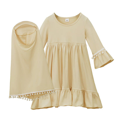 Girls' Modest Dress & Hijab Set with Pom-Pom Trim