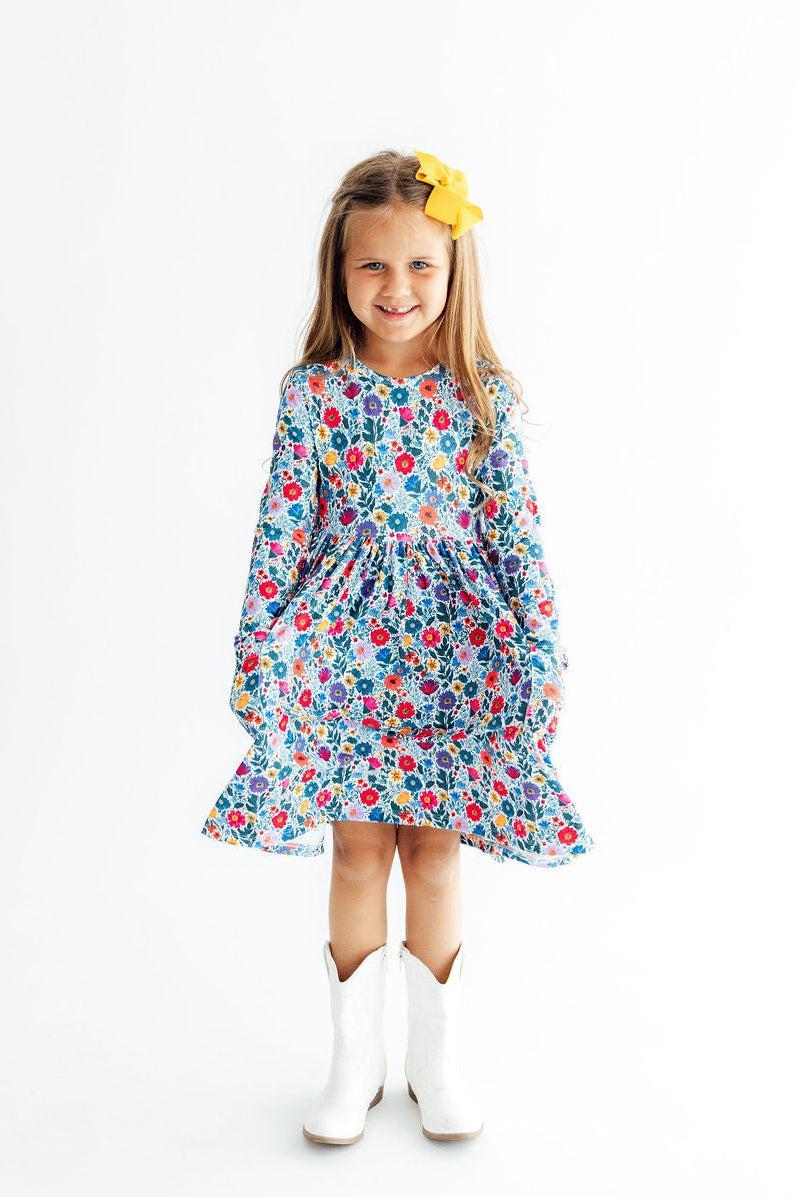 Girls' Vintage Floral Long-Sleeve Pocket Twirl Dress