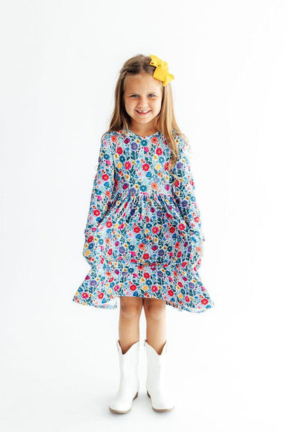 Girls' Vintage Floral Long-Sleeve Pocket Twirl Dress