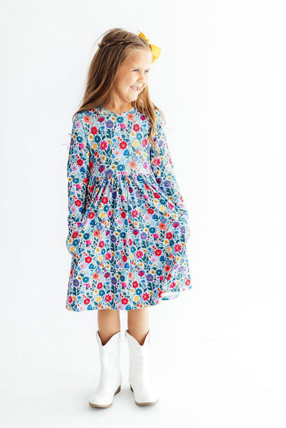Girls' Vintage Floral Long-Sleeve Pocket Twirl Dress
