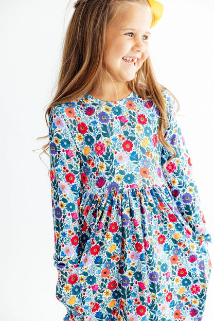 Girls' Vintage Floral Long-Sleeve Pocket Twirl Dress