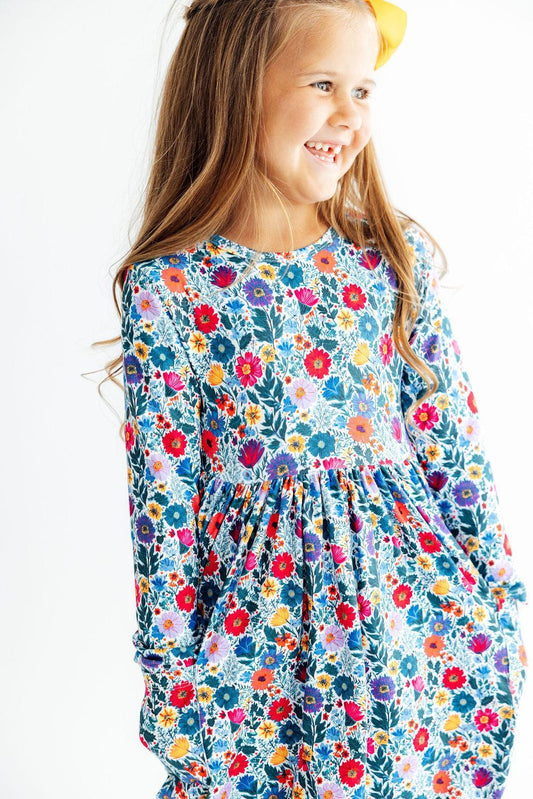 Girls' Vintage Floral Long-Sleeve Pocket Twirl Dress