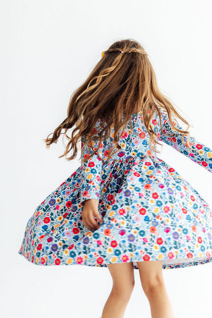 Girls' Vintage Floral Long-Sleeve Pocket Twirl Dress