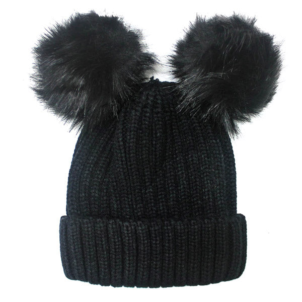 Women's Soft Knit Beanie with Double Faux Fur Pom