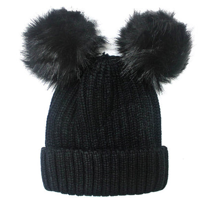 Women's Soft Knit Beanie with Double Faux Fur Pom