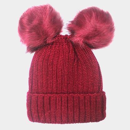 Women's Soft Knit Beanie with Double Faux Fur Pom